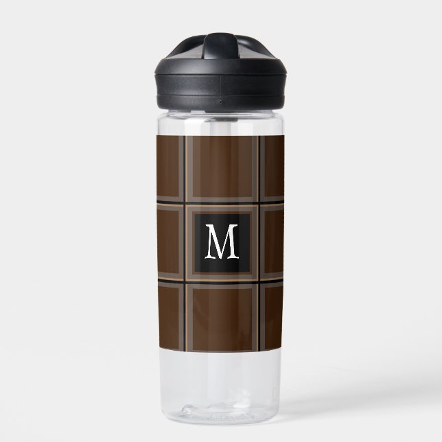 Dark Chocolate Brown Custom Single Initial Striped Water Bottle (Front)