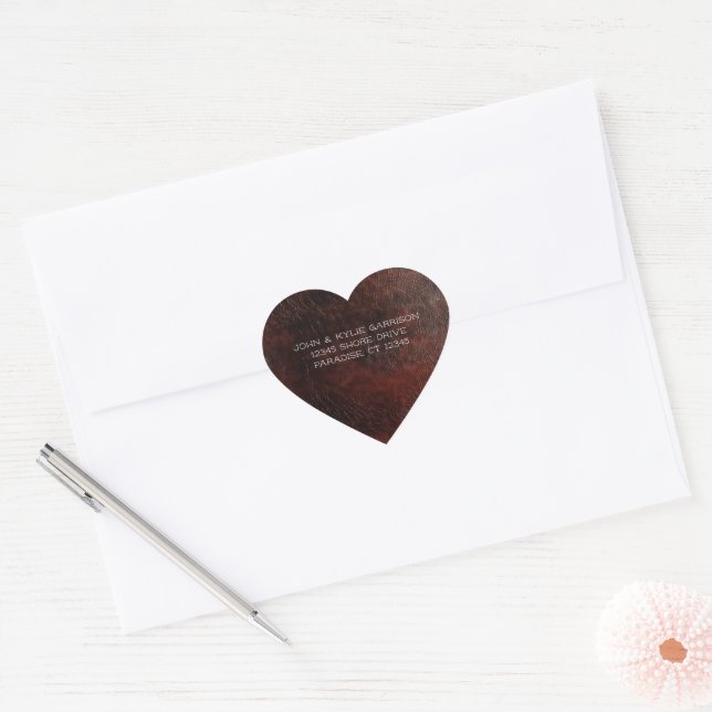 Dark Chocolate Brown Leather Wedding Heart Sticker (Envelope)