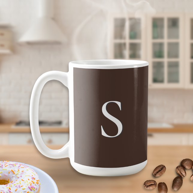Dark Chocolate Brown Stylish Minimalist Monogram Coffee Mug (A stylish coffee mug with monogram initial on both sides, on a dark chocolate brown background)