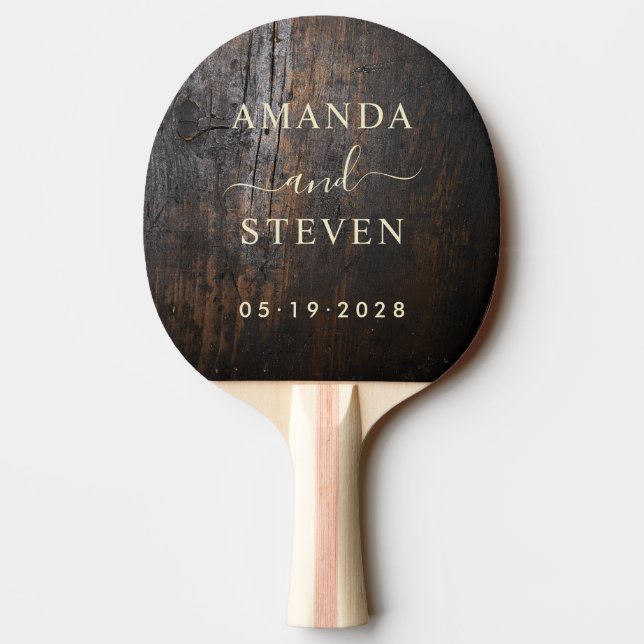 Dark Chopping Block Couple Names with Wedding Date Ping Pong Paddle (Back)