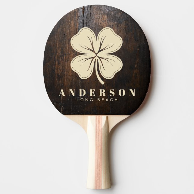 Dark Chopping Block Four Leaf Clover with Name Ping Pong Paddle (Front)