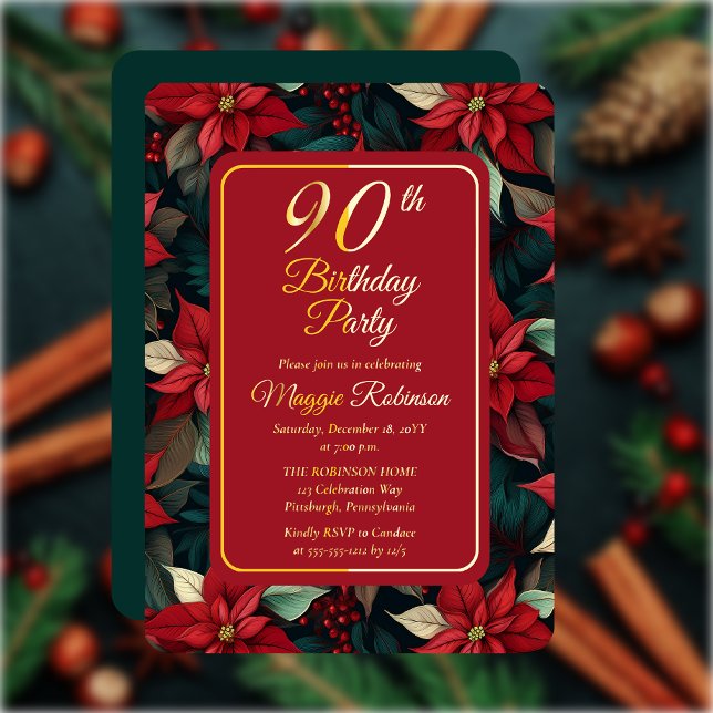 Dark Christmas Holiday Floral 90th Birthday Party (Elegant Dark and Moody Poinsettias Christmas and Holiday 90th Birthday Party Gold Foil Invitation)