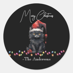 Dark Christmas Kitten Family Name Classic Round Sticker