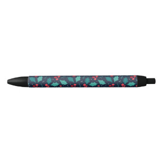 Dark Christmas Mistletoe and Leaf Pattern Black Ink Pen