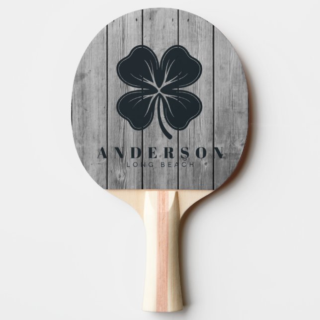 Dark Clean Gray Wood Four Leaf Clover with Name Ping Pong Paddle (Back)