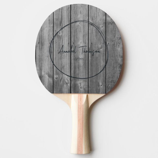 Dark Clean Gray Wood Name in Drawn Circle  Ping Pong Paddle (Front)