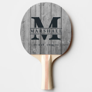 Dark Clean Grey Wood Monogram & Name Overlay Ping Pong Paddle