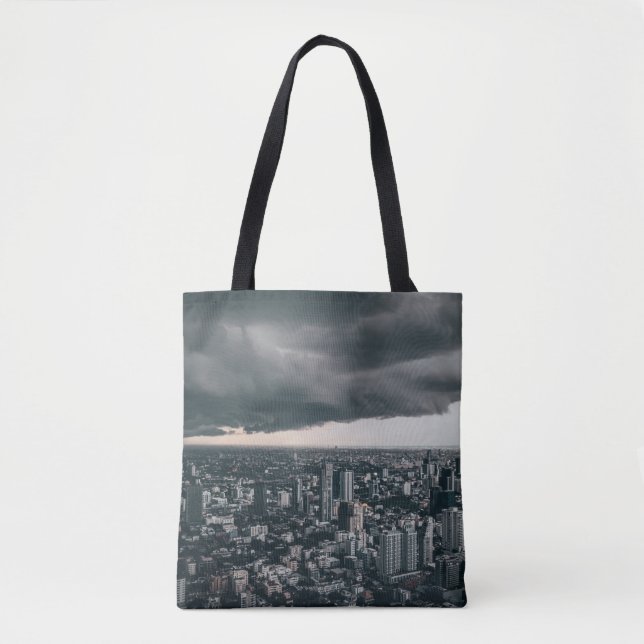 DARK CLOUD ABOVE CITY BUILDINGS TOTE BAG (Front)