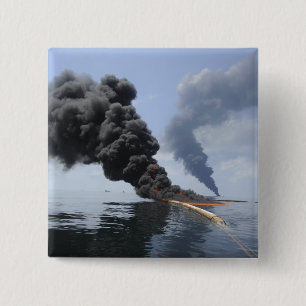 Dark clouds of smoke and fire emerge 3 15 cm square badge