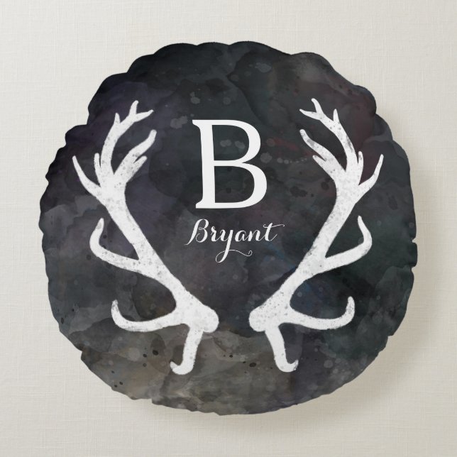 Dark Colour Watercolor, Rustic Deer Antler Round Cushion (Front)