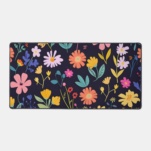Dark Colourful Ditsy Floral Bohemian Pattern Desk Mat (Front)