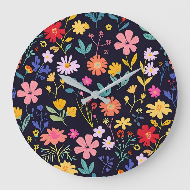 Dark Colourful Ditsy Floral Bohemian Pattern Large Clock (Front)