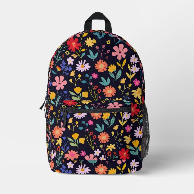 Dark Colourful Ditsy Floral Bohemian Pattern Printed Backpack (Front)
