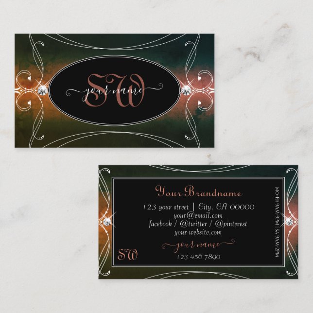Dark Colourful Ornate Sparkling Diamonds Initials Business Card (Front/Back)