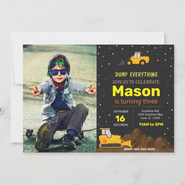Dark Construction Truck Birthday Party Invite (Front)