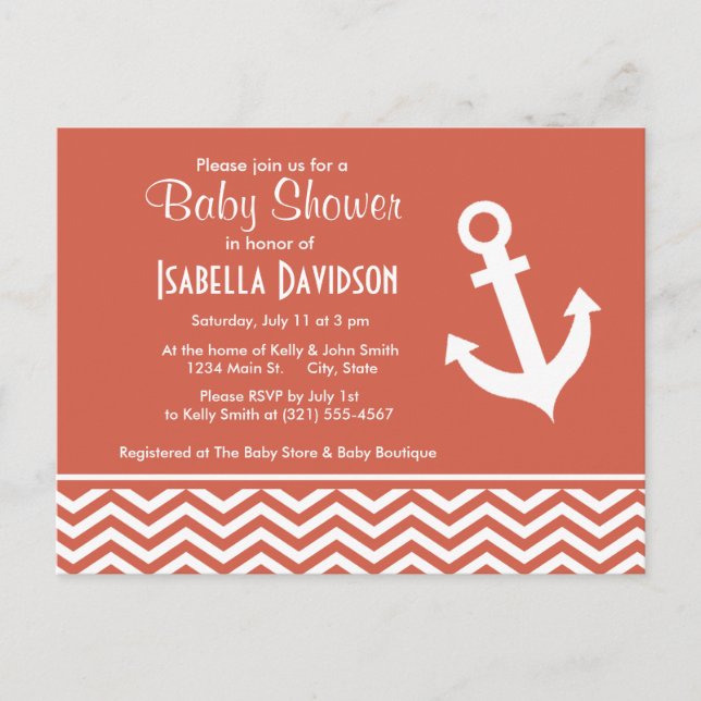 Dark Coral Chevron; Anchor Invitation Postcard (Front)