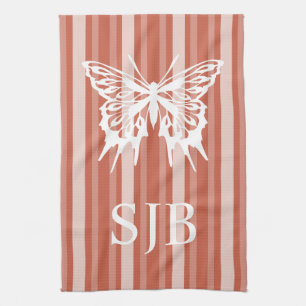 Dark Coral Victorian Stripe w/ Butterfly Monogram Tea Towel