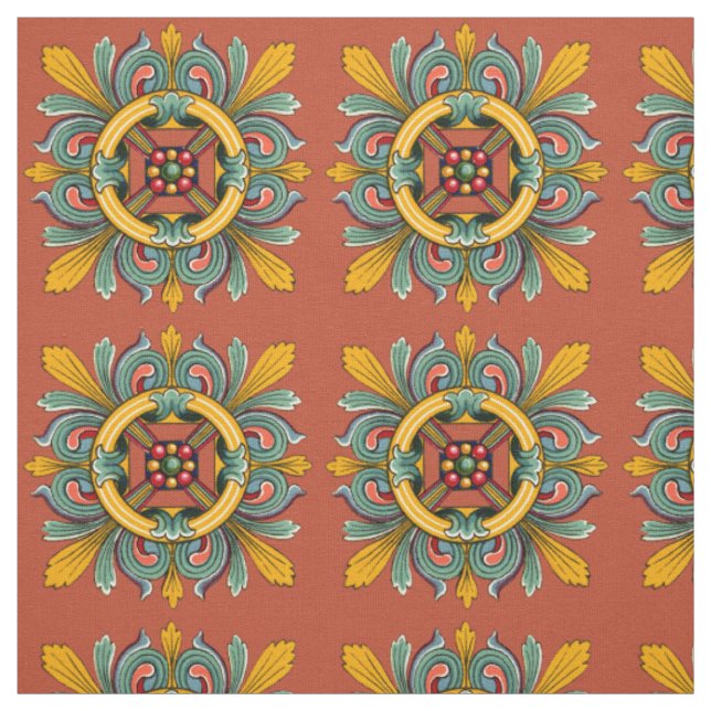 Dark Coral Victorian Tile Design Fabric (Swatch)