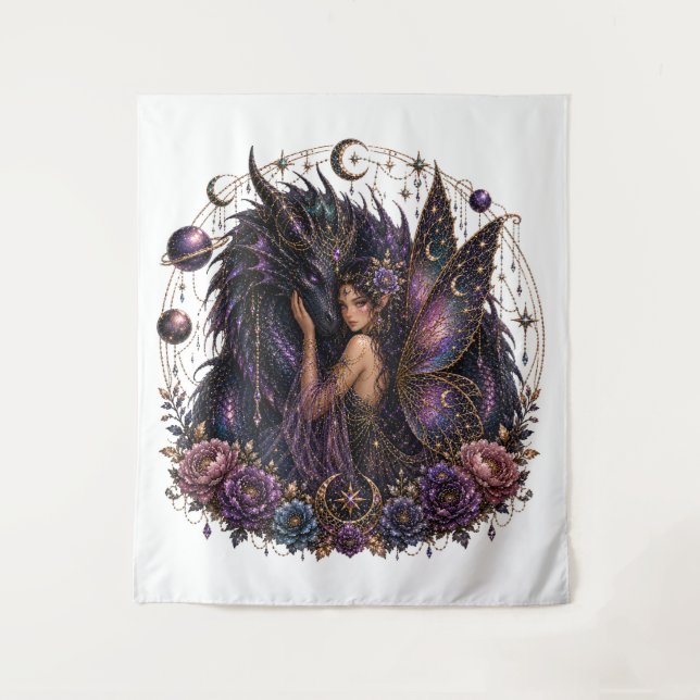 Dark Cosmic Dragon Fairy Art Tapestry (Front)