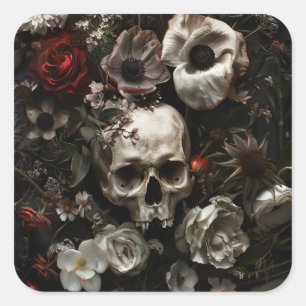 Dark Cottage Core Skulls and Flowers  Square Sticker
