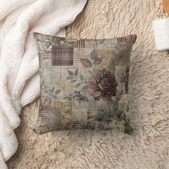 Dark Cottage Floral Patchwork -Burgundy & Charcoal Cushion (Blanket)