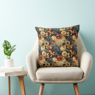 Dark Cottagecore Autumn Pumpkin Floral Cushion