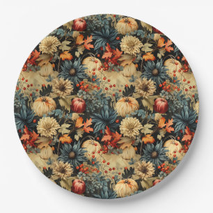 Dark Cottagecore Autumn Pumpkin Floral Paper Plate