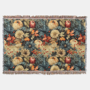 Dark Cottagecore Autumn Pumpkin Floral Throw Blanket