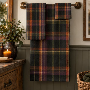 Dark Cottagecore Black Rust Autumn Plaid Bath Towel Set