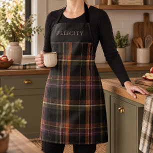Dark Cottagecore Black Rust Autumn Plaid Monogram Apron