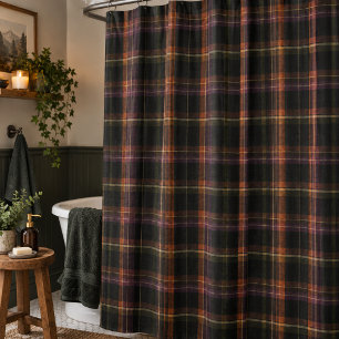 Dark Cottagecore Black Rust Plaid Shower Curtain