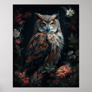 Dark Cottagecore Owl And Flowers Art Print Poster
