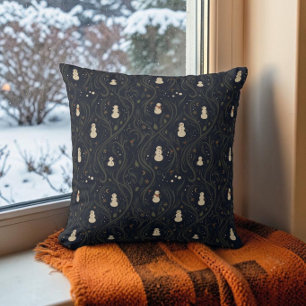 Dark Cottagecore Snowman Midnight Blue Christmas Cushion