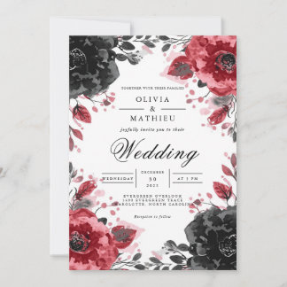 Dark Crimson Floral Romance Wedding Invitation