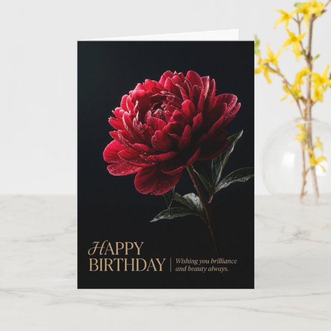 Dark Crimson Peony Elegant Happy Birthday Card (Yellow Flower)