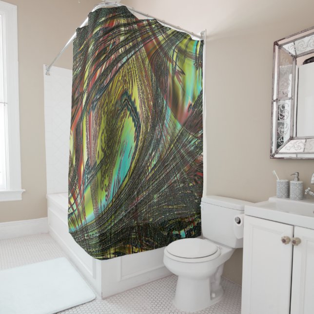 Dark crossed peacock feathers shower curtain (In Situ)
