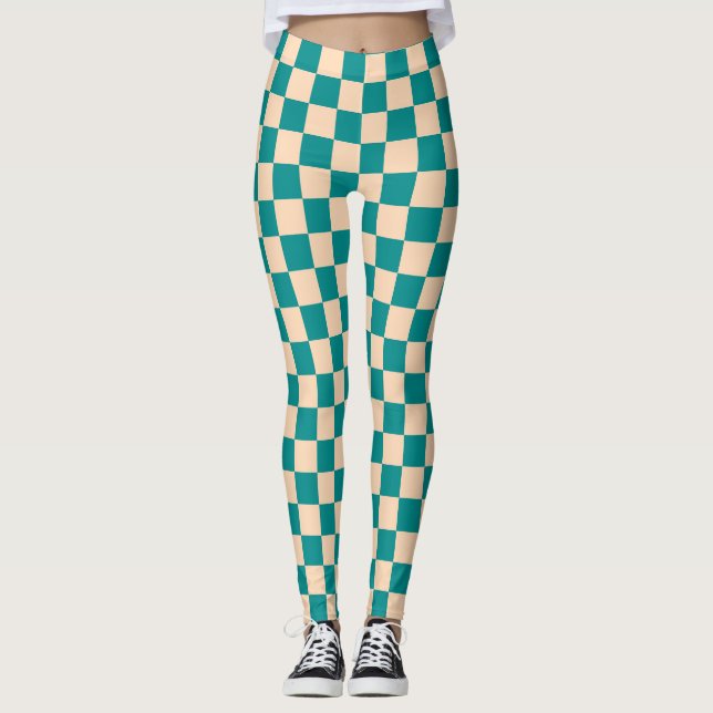 Dark Cyan and Soft Peach Chequerboard Leggings (Front)