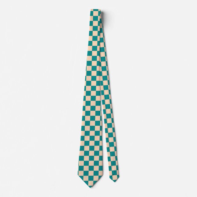 Dark Cyan and Soft Peach Chequerboard Tie (Front)
