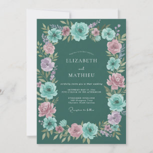 Dark Cyan Bloom Wedding Invitation
