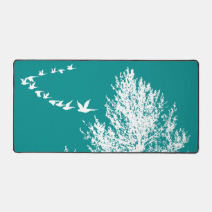 Dark Cyan Bucolic Silhouette Birds Fly Tree Desk Mat