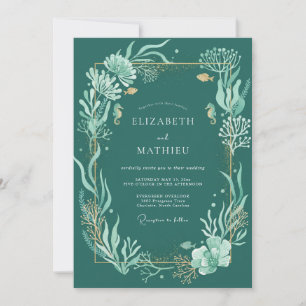 Dark Cyan Ocean Eucalyptus Wedding Invitation