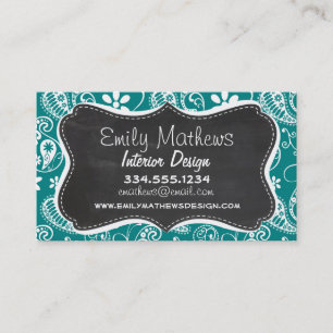 Dark Cyan Paisley; Floral; Retro Chalkboard Business Card