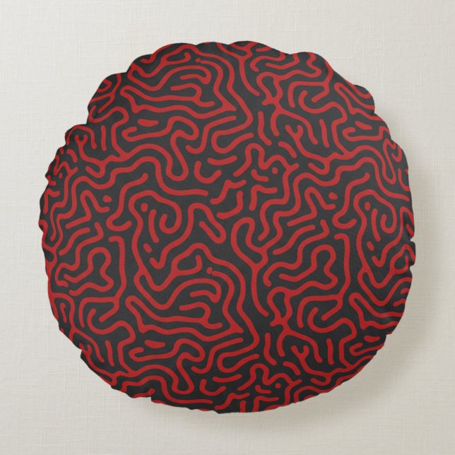 Dark Cyber Red Reaction Diffusion Organic Abstract Round Cushion (Front)
