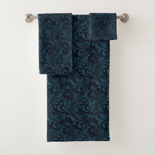 Dark Damask Blue Black Swirl Masculine Pattern Bath Towel Set