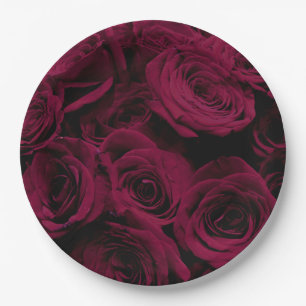 Dark deep red burgundy roses paper plate