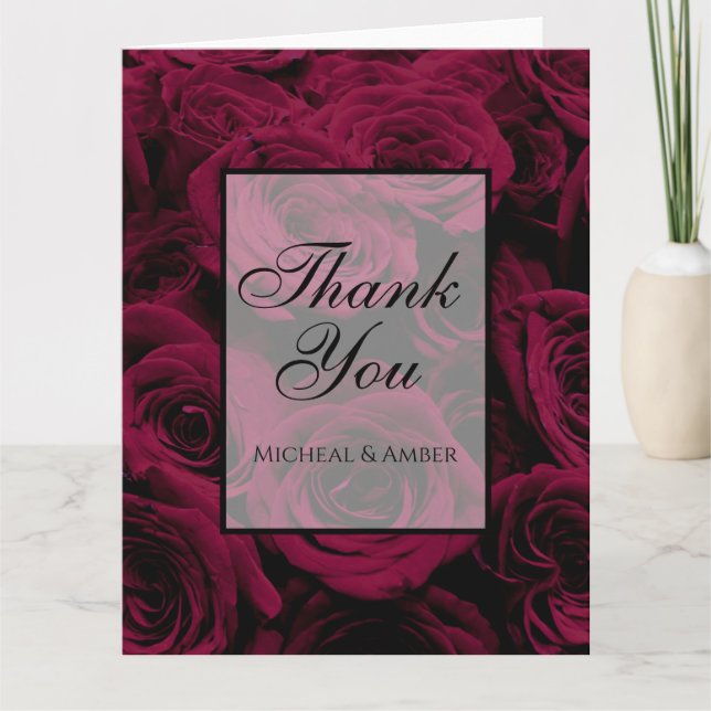 Dark deep red magenta burgundy roses  thank you card (Front)
