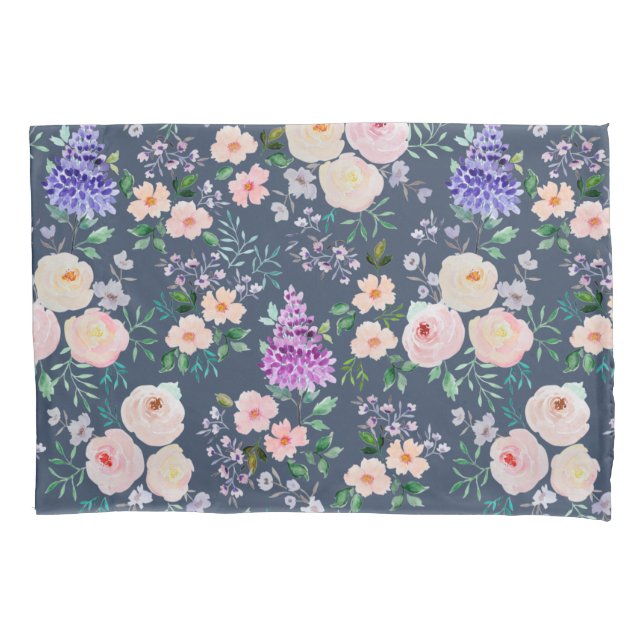 Dark Denim Watercolor Floral Pillowcase (Front)