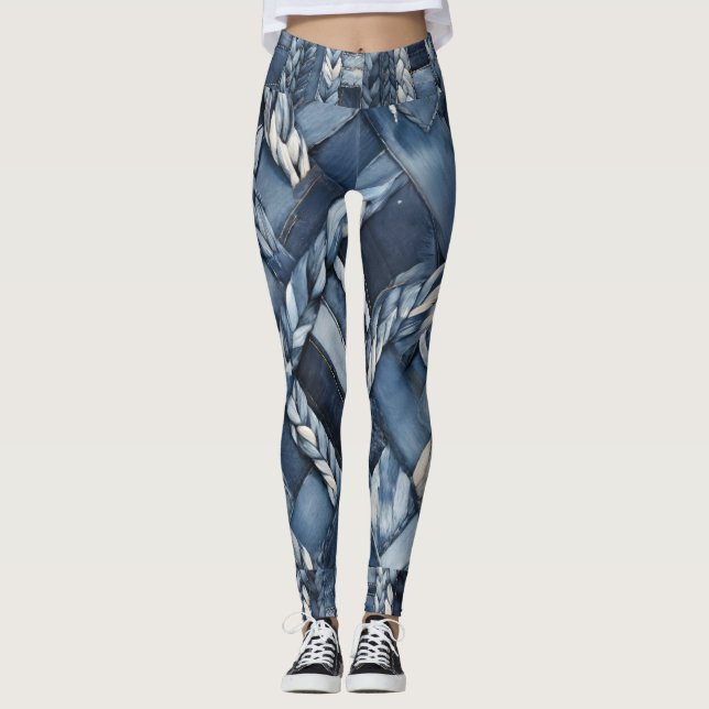 Dark Distressed Denim Patchwork And Braids Leggings (Front)