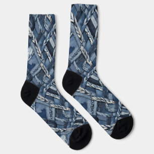 Dark Distressed Denim Patchwork And Braids Socks