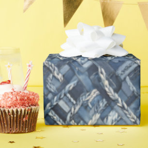 Dark Distressed Denim Patchwork And Braids Wrapping Paper